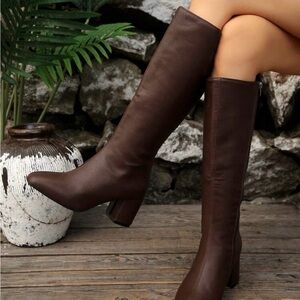 Classic Brown Knee-High Block Heel Boots - Women